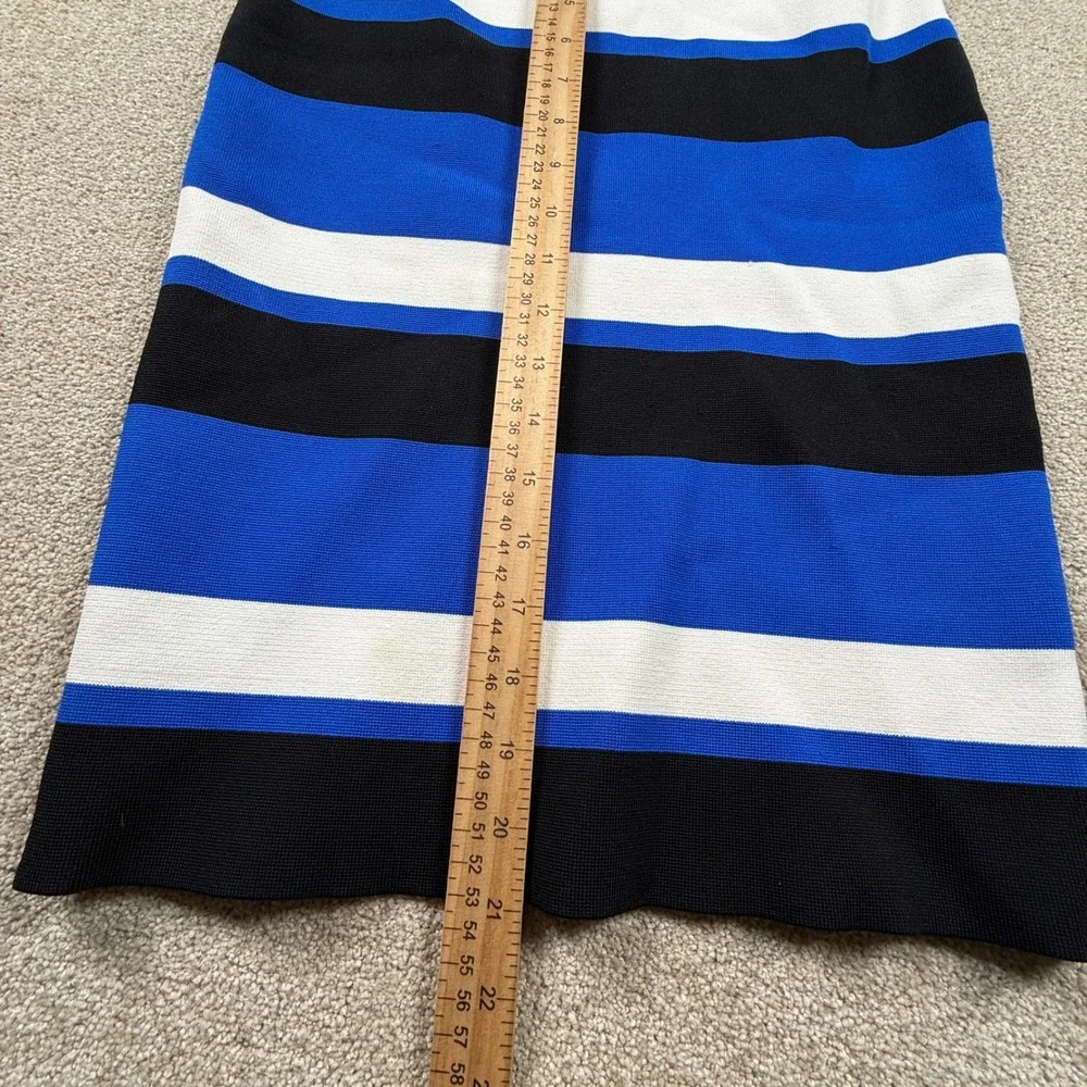 BCBGMAXAZRIA Womens M Blue Striped Pencil Skirt Bandage Bodycon Knit Knee Length
